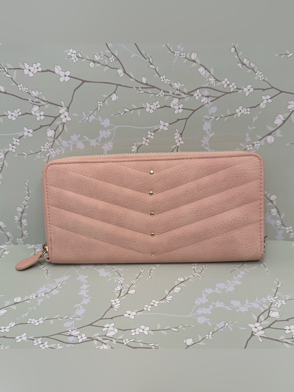 Blush Pink Quilted Zip-Around Wallet with Gold Stud Accents